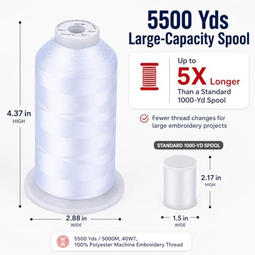 Simthread Embroidery Machine Thread 5000M 40WT Polyester, White 001 - color: White