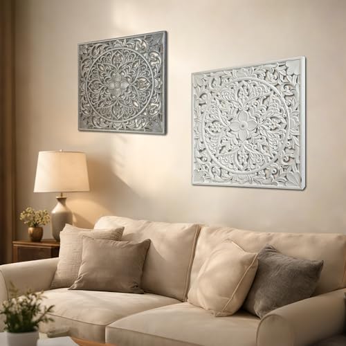 XIAOAIKA Boho Carved Wood Wall Art Panel, Floral Mandala, Distressed White - color: Distressed White