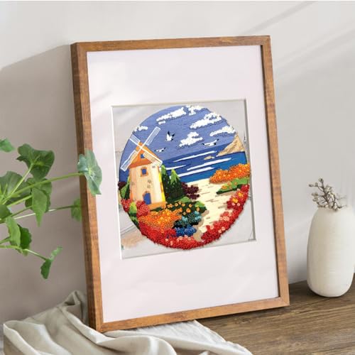 FONNUY Embroidery Kit for Beginners, Boho Nature Landscape Pre-Stamped Pattern Kits for Adults with Hoop, Easy to Follow Color Thread Needlework, 8'' Hoop (Beach House) - color: Beach House