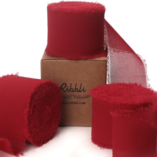 Ribbli Dark Red Ribbon 1.5 Inch x 3 Rolls Total 25 Yards Handmade Fringe Chiffon Silk Ribbon for Wrapping Wedding Invitations Bridal Bouquets DIY Crafts Home Decor - color: Dark Red