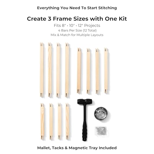Needlepoint Stretcher Bars Kit – 8", 10" & 12" Wooden Needlepoint Frame Set with Stainless Steel Tacks, Magnetic Tray & Assembly Mallet for Needlepoint & Embroidery