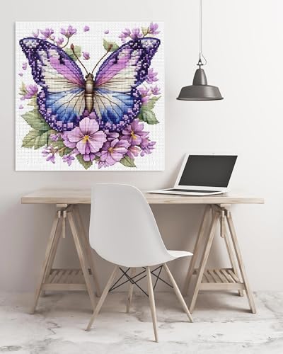 askkqtx Butterfly Stamped Cross Stitch Kits for Adults 14x14 Inch - color: Butterfly-XJ007