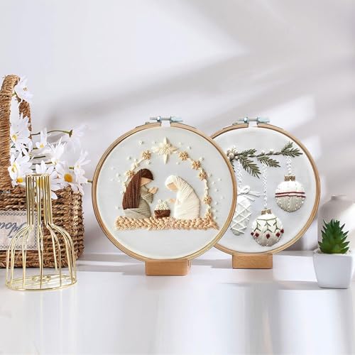 LB Christmas Embroidery Kit for Beginners: 4-Piece Cross Stitch Set with Green Plant, White Snowflake & Gnomes | Adults DIY Starter Kit Includes Hoop, Threads and Tools - color: White and Green