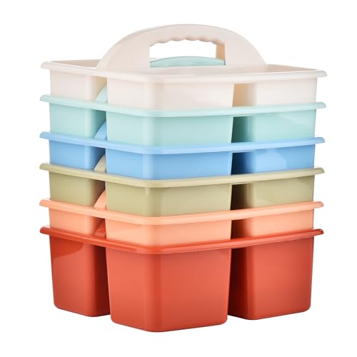 Plastic Storage Caddy Organizers, 6 Pcs Portable Teacher Classroom Supply Caddies with Handle, 3-Compartment Utility Craft Art Caddy for Kids, School Classroom and Office Organization, Boho Colors - color: Rainbow