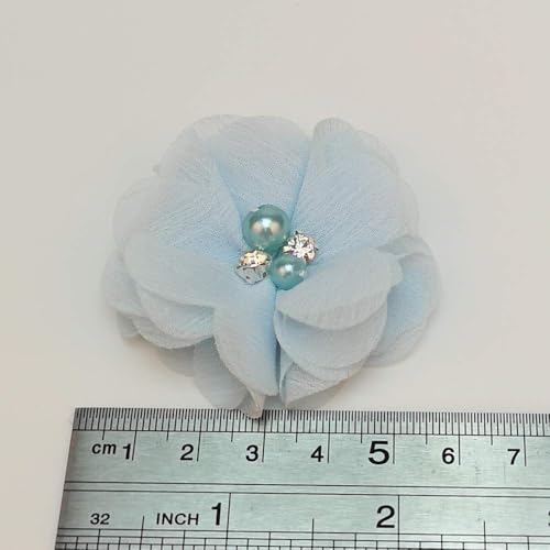 Chenkou Craft Pack of 12pcs Chiffon Flowers Ribbon Bows W/Beads 2-3/8" (60mm) Appliques Wedding Decor Bulk Lots (Blue) - color: Blue