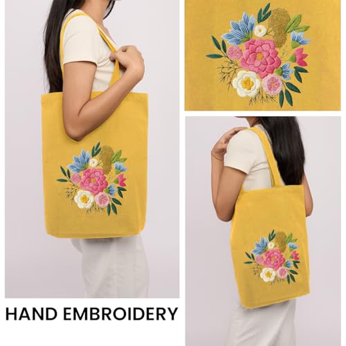 CREAWONDER Canvas Tote Bag Embroidery Kit with Pattern for Beginners, Arts and DIY Embroidery Crafts Kits for Adults, Include Instructions, Embroidery Hoops, Color Threads and Tool - color: CR002 qingqingziyan yellow