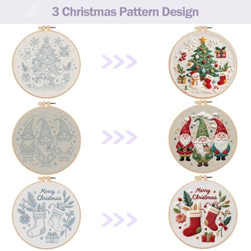 Offizon Christmas Embroidery Kit for Beginners, 3 PCS Starter Cross Stitches, Winter Santa Handicrafts, Merry Chistmas - color: Christmas Beige