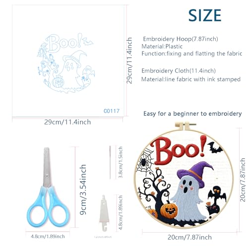 Zhenqing Halloween Ghost Embroidery Kit for Beginners, Cute Boo Needlework Kit with Pre-Printed Cotton Fabric, 20cm Hoop, Threads & Tools, Spooky DIY Wall Decor (C0117) - style: Halloween Ghost