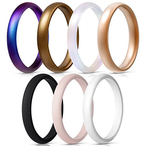Egnaro Women's Silicone Wedding Ring 2.5mm Wide 1.8mm Thick Rubber Band Set - color: SETB2-Matte Galaxy,Bronze,Matte Pearl,Rose Gold,Black,Pink Sand,White