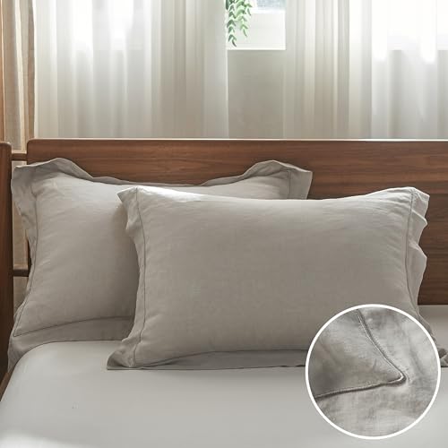 Simple&Opulence 100% French Linen Pillowcases with Embroidery – Pack of 2, Washed Solid Color Natural Flax, Soft & Breathable - Light Grey, 20'' x 36'' - color: Light Grey, size: King