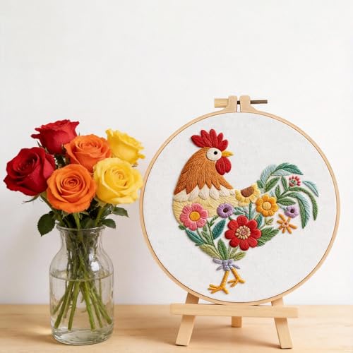 Herdiese Embroidery Kit for Beginners & Adults, Rooster Flower Cross Stitch - color: Rooster