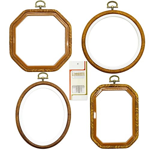 4 Sizes Imitated Wood Multiple Shapes Embroidery Hoop Set Plastic Circle Cross Stitch Hoop Rings for DIY Craft Sewing, Small Faux Wooden Embroidery Hoop Including 16pcs Gold Eye Sewing Needles - style: 4 Sizes Shape Imitated Wood