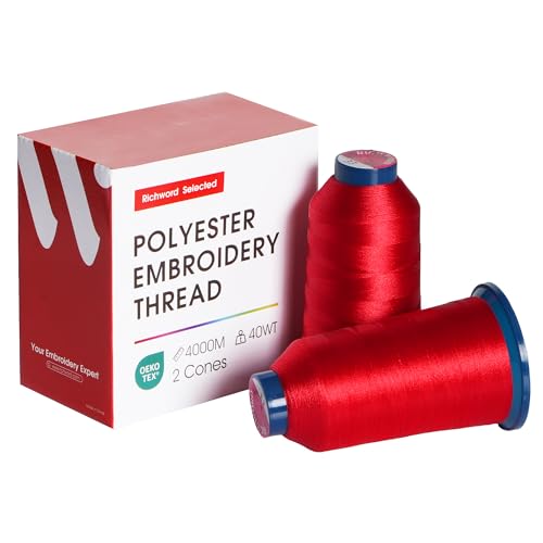Poolin Embroidery Thread, Huge Spool Richword Selected 2 Rolls Red 4000M(4374Y) 40WT Polyester Thread for All Embroidery Machines - color: 2 Red