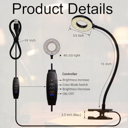 Reading lamp with Clamp, 3 Color Modes & 10 Brightness (Black)