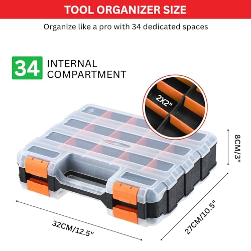 Andalus Tools Organizer Box, Small Parts Storage 34-Compartment Double-Sided Portable Hardware Organizer Removable Plastic Dividers for Screws, Nuts, Bolts, Nails – Orange (2 Pack, 12.5" x 10.5" x 3") - color: Orange, size: 2 Pack