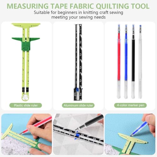 KISEER 2 Pieces Sewing Gauge Ruler 5-in-1 Sliding Sewing Measuring Ruler Fabric Quilting Tool with 4 Pcs Marker Pen for Knitting Crafting Sewing Beginner Supplies