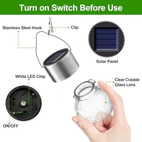 PARTPHONER 32 Pack Hanging Solar Lights Outdoor, Waterproof Solar Globe Lantern with Handle and Clip, Decorative Cracked Glass Ball Lights for Christmas Decor, Tree, Yard, Garden, Patio (Cold White) - color: Cold White, size: 32