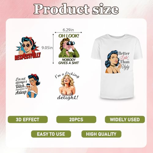 Dtf Transfers Ready to Press - 20Pcs Sassy Retro Housewife Iron on Transfers 1950s Sarcastic Housewife Iron on Decals Vintage Sarcastic Heat Transfer Vinyl Stickers for Clothing Pillows Bag DIY Crafts - color: Retro Housewife