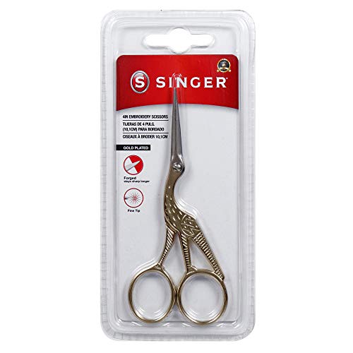 SINGER 4 Inch Forged Embroidery Scissors with Curved Tip for Sewing, Cross-Stiching, Crafts, & More (Gold Stork Design, 1-Pack)