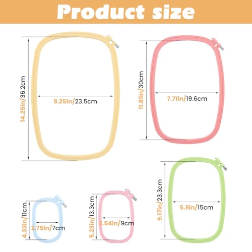 5-Pack Rectangle Embroidery Hoops Set, ABS Plastic Cross Stitch Hoops for Sewing, Needlework and DIY Projects, Reusable Embroidery Supplies, 5 Sizes (5", 6", 10", 13", 15")