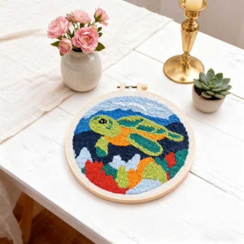 DIY Punch Needle Kits Green Sea Turtle with Hoop 20x20cm-5 - color: 02-Sea Turtle