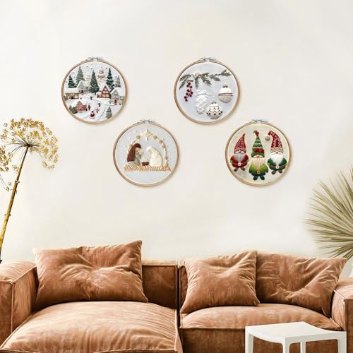 LB Christmas Embroidery Kit for Beginners: 4-Piece Cross Stitch Set with Green Plant, White Snowflake & Gnomes | Adults DIY Starter Kit Includes Hoop, Threads and Tools - color: White and Green