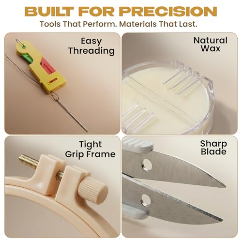 KEFF Craft Embroidery Kit for Beginners - 100 Embroidery Thread Colors, 4 Hoops, Scissors, Needles, Pins, Blank Fabrics & Tools – Cross Stitch Supplies, Cross Stitch Kits, Arts and Crafts for Adults