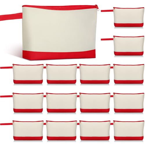 Silkfly 15 Pcs Cotton Canvas Makeup Bags Cosmetic Zipper Bags 10.2 x 5.5 x 2'' Blank DIY Pouch Bulk Pencil Case with Bottom Travel Toiletry Pouch for Women Craft Decor Gift (Beige and Red) - color: Beige and Red