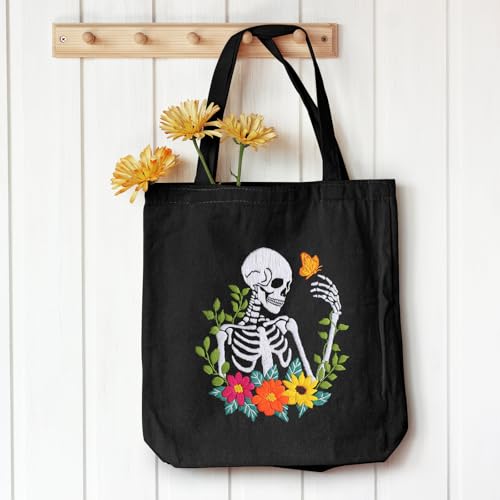 Louise Maelys Halloween Embroidery Kit Canvas Tote Bag, Skull Floral - color: skull flower
