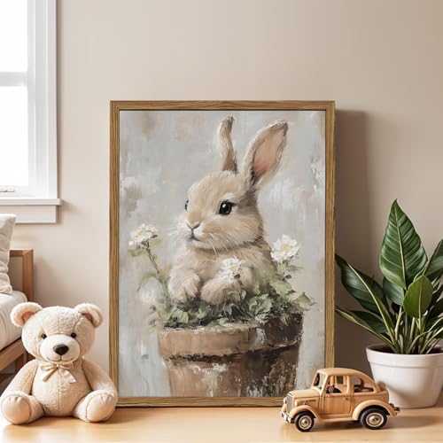 Framed Vintage Easter Bunny Wall Art, Cute Cottagecore Rabbit Floral Pictures Wall Decor, Spring Farmhouse Animal Paintings Prints Rustic Home Decor for Living Room Bedroom Nursery 12x16 inch - color: Cute Rabbit, size: 16"L x 12"W