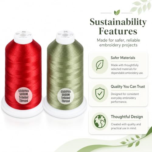 Simthread 2Pk 5500Y/5000M 40WT Polyester Embroidery Thread Red800 Green519 - color: Festive Duo(Red+Green)