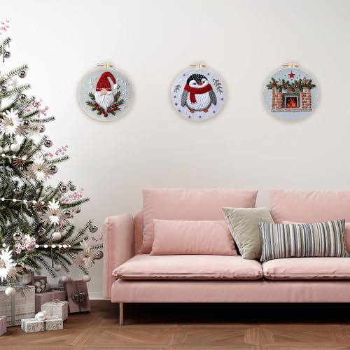 EOBTAIN 3 Pcs Funny Christmas Embroidery Kit for Beginners,Red Gnome and Penguin Embroidery Starter Kit Winter Xmas Fireplace Stamped Patterns with Hoop,Thread,Needles,Hand DIY Craft Kits for Adults - color: Red White