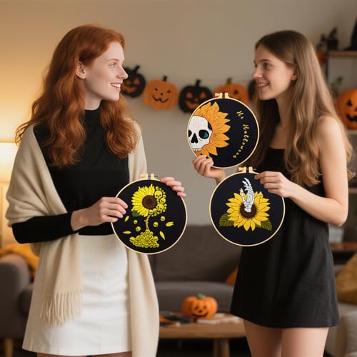 Halloween Gothic Embroidery Kits for Beginners Adults, Skull Hand Embroidery Needlepoint Kits, Sunflower Stamped Cross Stitch Kits for Beginners Adult, 3 Set Embroidery Hoops (Attached Video Tutorial) - color: Sunflower