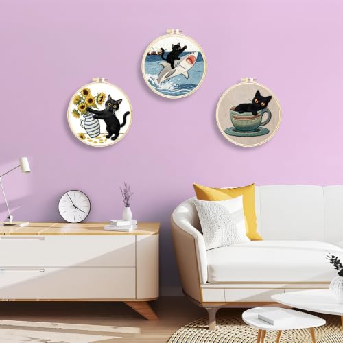 Huacan Embroidery Kit for Adults Beginners with 3 Hoops & Gift Box - color: Cat