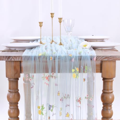 Flower Tulle Table Runner Gauze Centerpieces 10ft Embroidery Spring Lace - color: Baby Blue, size: 27"x120",3pcs