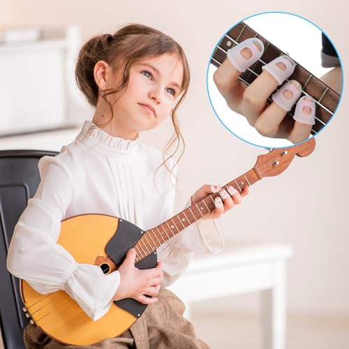 Piriuuo 50 Pcs Guitar Finger Covers, Silicone Finger Tip Protectors Anti-Slip & Breathable Silicone Guitar Fingers Guards for Guitars Playing, Ukulele Bass, and Sewing (5 Sizes, White)
