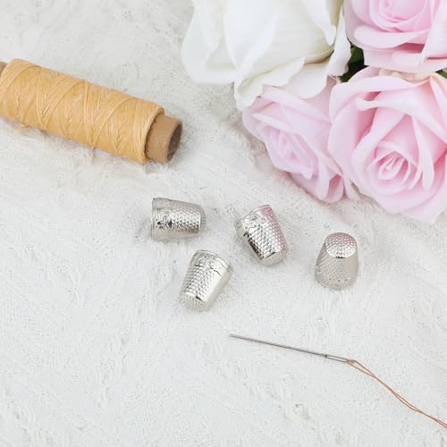 4pcs Metal Sewing Thimbles for Finger, Metal Fingertip Protectors Copper Thumb Finger Shield Rings Thimbles Pads Guard Cover for Hand Embroidery Quilting Accessories Knitting DIY Tools (Silver) - color: Silver
