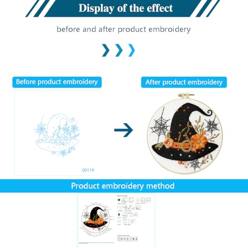 Zhenqing Halloween Witch Hat Embroidery Kit for Beginners, Black Witch Hat Needlework Kit with Pre-Printed Cotton Fabric, Hoop, Threads & Tools, Spooky Fall Decor (C0119) - style: Halloween Witch Hat