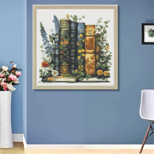 Eiazuiks 4 Packs Stamping Cross Stitch Kit, Books Counting Cross Stitch Kit for Adult Beginners, Full Line DIY Stitching Kit for Home Decor Cross Stitch Patterns 12x16 inches - color: AKW099