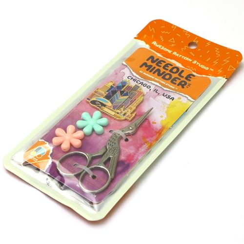 Awesome Pattern Studio Chicago Magnetic Needle Minder Set Includes Needle Minder, 2 Threaders, Crane Scissors. Enamel Pin for Cross Stitch, Embroidery and Craft - size: Chicago Set #2