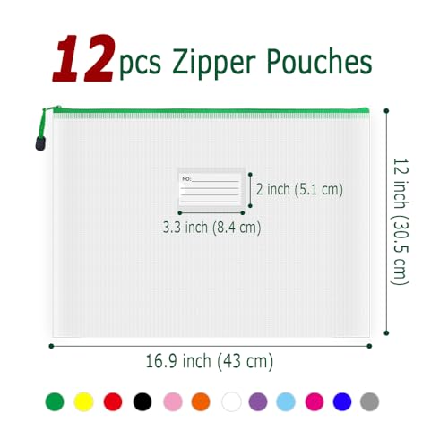Plastic Mesh Zipper Pouch, 12Pcs Zipper File Bags with Label Pocket, A3 Size 16.9x12in, White - size: A3 Size 16.9 x 12 in