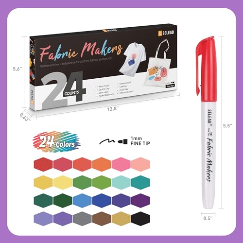 SELEAD 24 Fabric Markers Permanent for Clothes, Fine Tip Art Marker - size: 24 Count (Pack of 1)