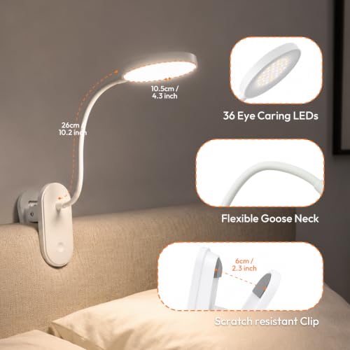 Clip on Light, Stepless Dimmable & 3 Colors Touch Control Clip On Bed Light. Dorm Room Essential 2600mAh Rechargeable Battery Powered Lamp. Flexible Clip On Lamp for Desk/Bedside/Headboard - color: White