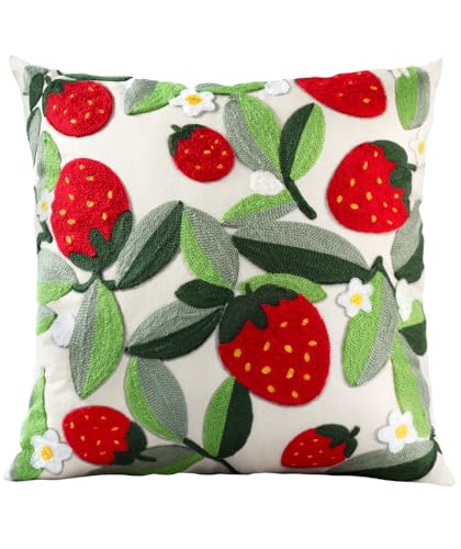 Embroidered Throw Pillow Cover, 20x20 Inch, Strawberry Leaves - color: Leaf Strawberry, size: 20" x 20" (Pack of 1)