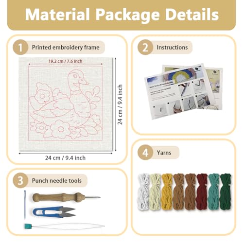 Doodlream Mallard Duck Needle Kit for Beginner, 9.4"x 9.4" Spring Garden Punch Stitching Craft Set, DIY Embroidery Starter with Printed Frame, Instruction, Threader, Yarn, Pinch Needle - color: Duck