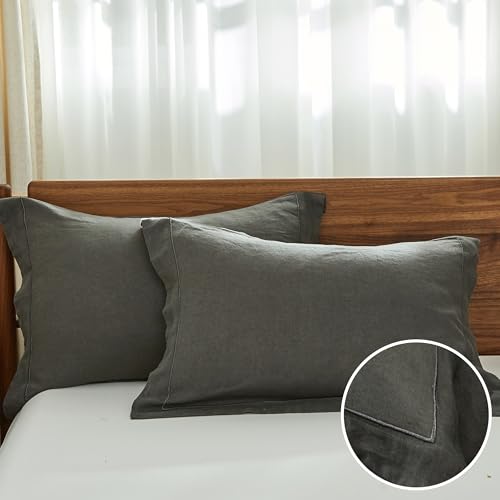 Simple&Opulence 100% French Linen Pillowcases with Embroidery – Pack of 2, Washed Solid Color Natural Flax, Soft & Breathable - Dark Grey, 20'' x 26'' - color: Dark Grey, size: Queen