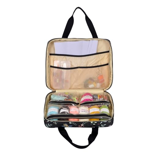 Portable Square Cross Stitch Starter Kits Bag Embroidery Project Bag Embroidery Tool Storage Tote Bag with Multifunctional Pockets, Bag Only (Black Leaves) - color: Black Leaves