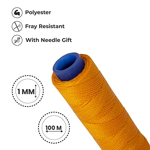 Waxed Thread, Strong Thread for Leather, Upholstery, Shoe, Bag, incl. Needle (Colour: Dark Yellow) - color: Dark Yellow