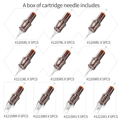 50 Assorted Tattoo Cartridge Needles Mixed Size #12 Round Liner Shader Magnum - 5 Pcs each of 5RL, 7RL, 9RL, 11RL, 5RS, 9RS, 15M1, 21M1, 15RM, 21RM Pro Disposable Membrane Tattoo Needles - size: 50Pcs-12RL+RM+RS+M1