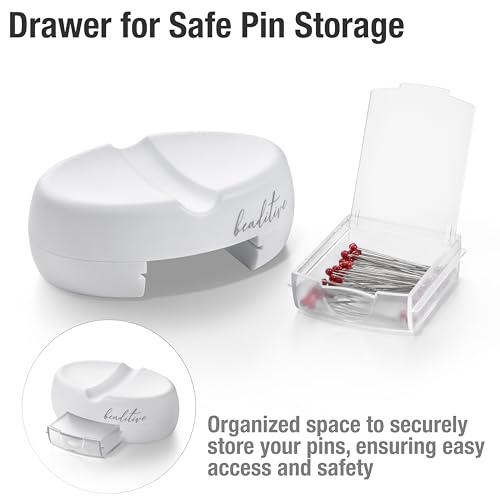 Beaditive Magnetic Pin Cushion with Drawer - Strong Magnet Pin Holder Cushions for Sewing - 50 Glass Head Quilting Pins Included - Chic Pincushion Caddy for Sewing Pins, Paper Clips, Screws – White - color: White